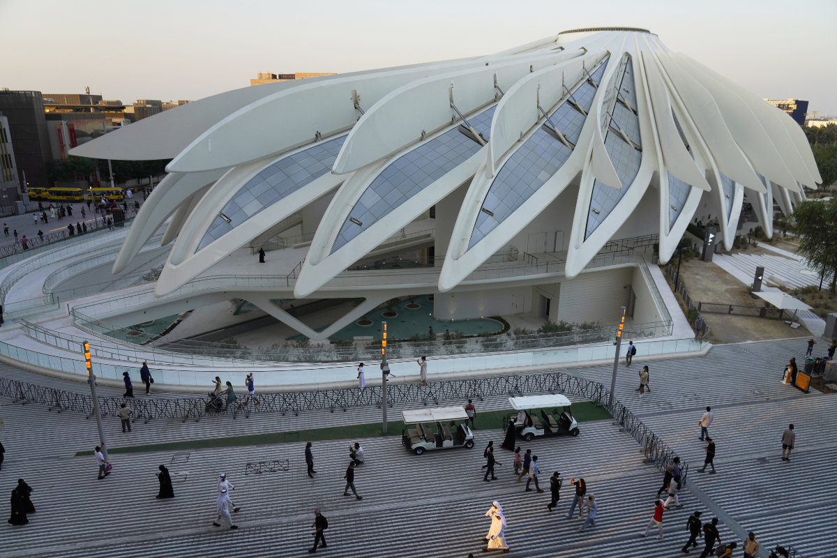 The UAE pavilion is seen at sunset at Expo 2020 in Dubai on Oct. 1, 2021. (AP Photo/Jon Gambrell)