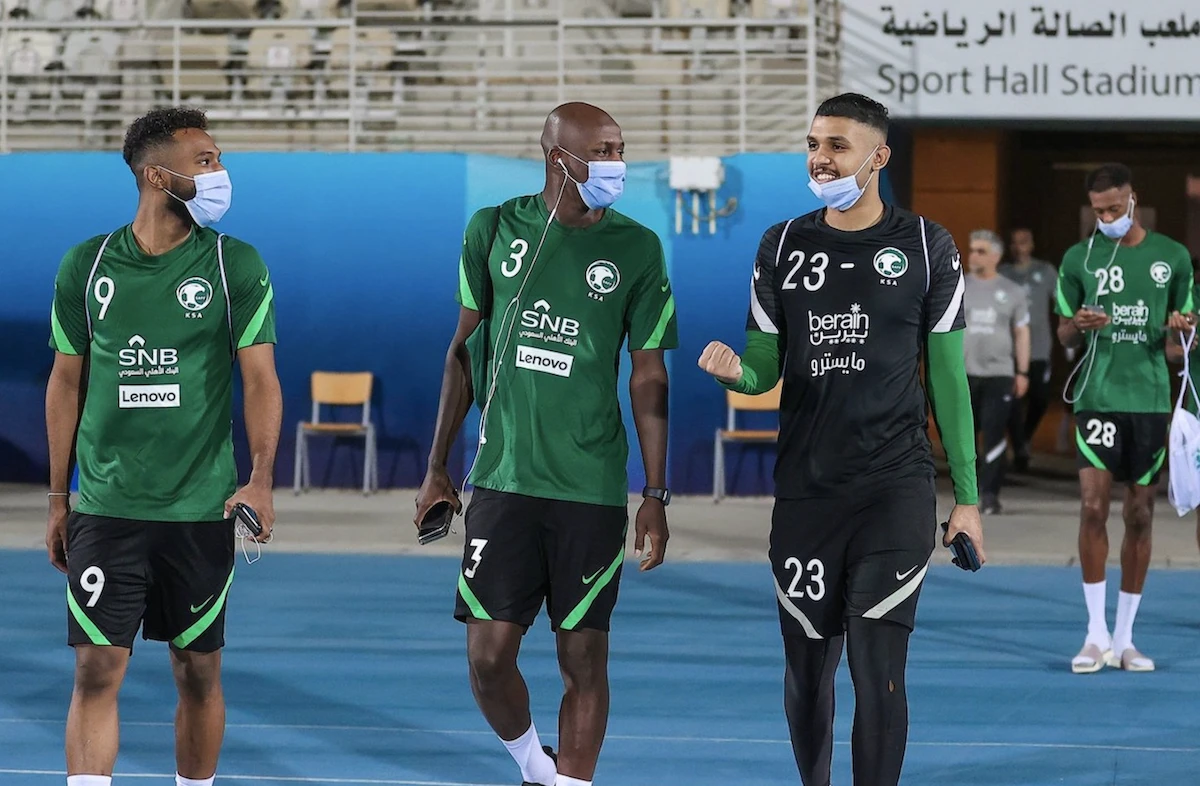 The Saudi squad in Jeddah prepares for the World Cup qualifiers against Japan and China. (Saudi Arabian Football Federation)