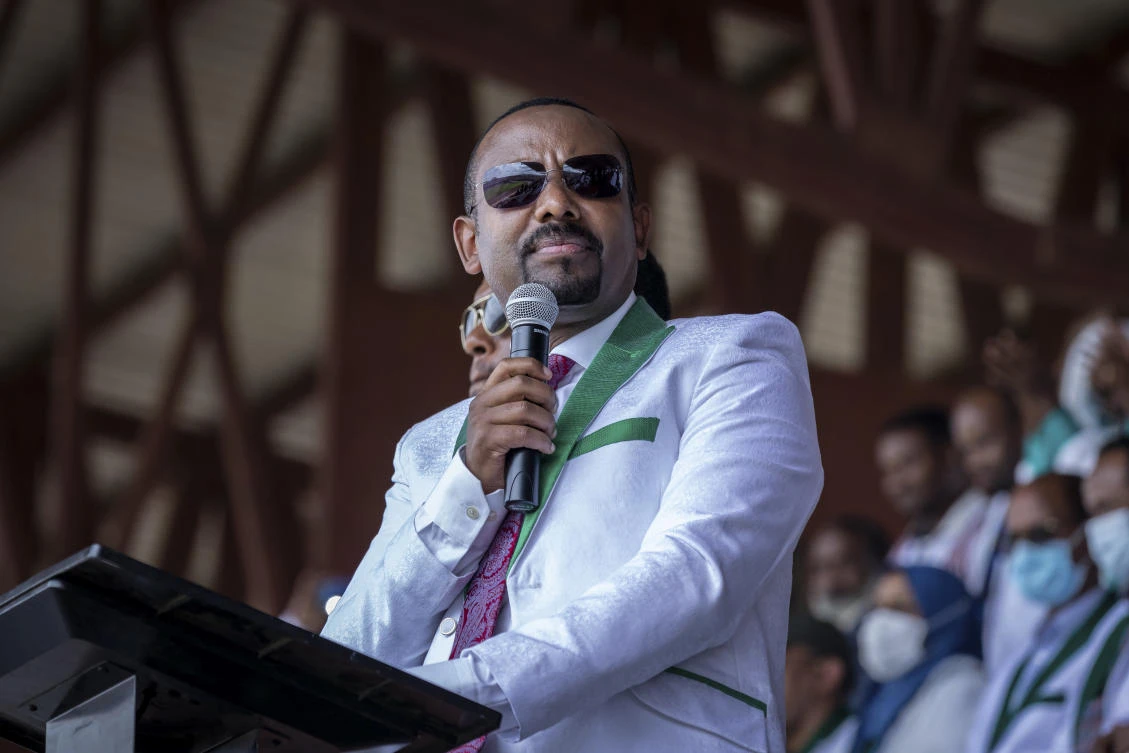 In this Wednesday, June 16, 2021 file photo, Ethiopia's Prime Minister Abiy Ahmed speaks at a final campaign rally at a stadium in the town of Jimma in the southwestern Oromia Region of Ethiopia. (AP)