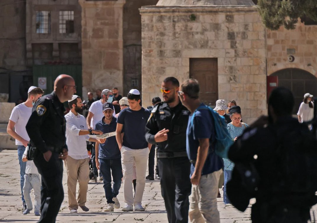 A group of religious Jews visit the Al-Aqsa mosque compound in Jerusalem’s Old City, on Thursday. (AFP)