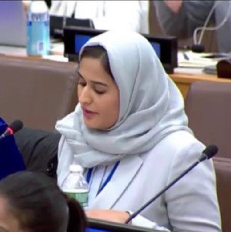 Reem bint Fahd Al-Omair, third secretary of Saudi Arabia’s UN mission, speaks during a UN committee hearing on food security on Friday. (SPA)