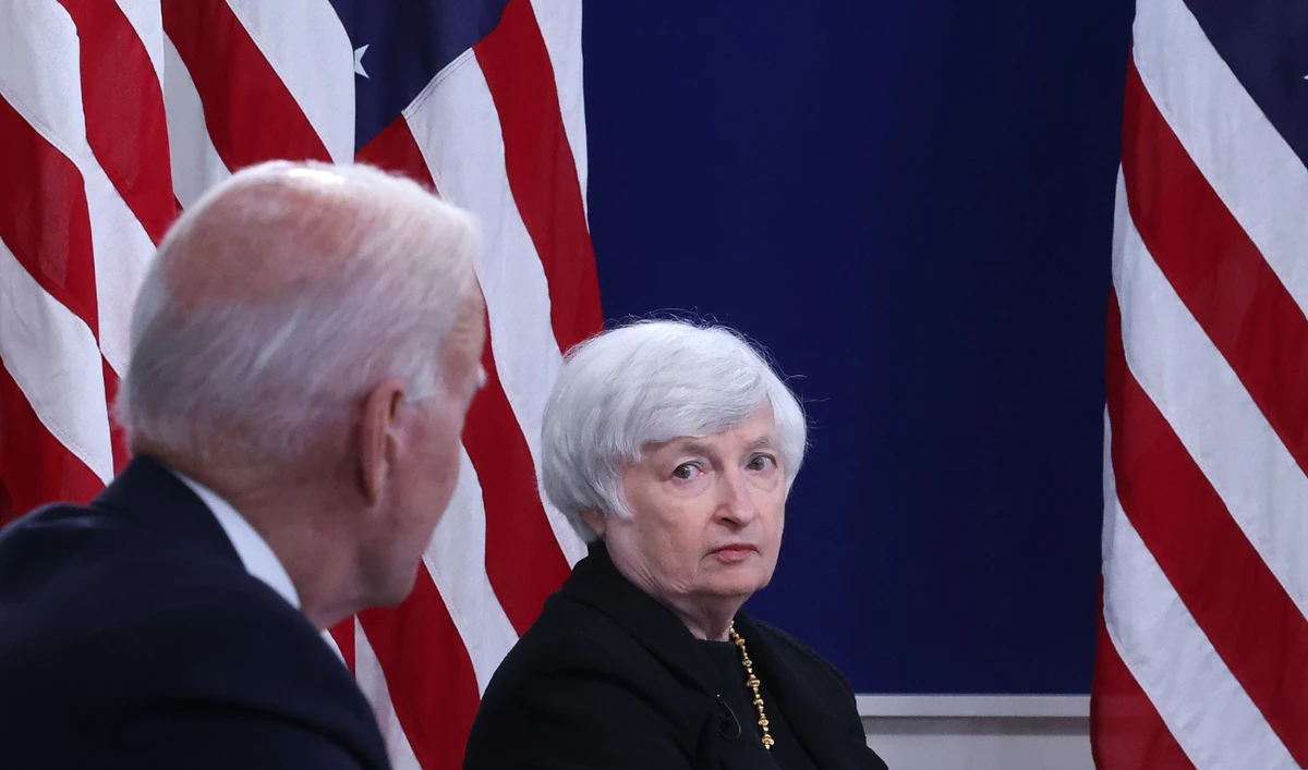 US Treasury Secretary Janet Yellen listens to President Joe Biden during a meeting. (Getty Images/AFP)