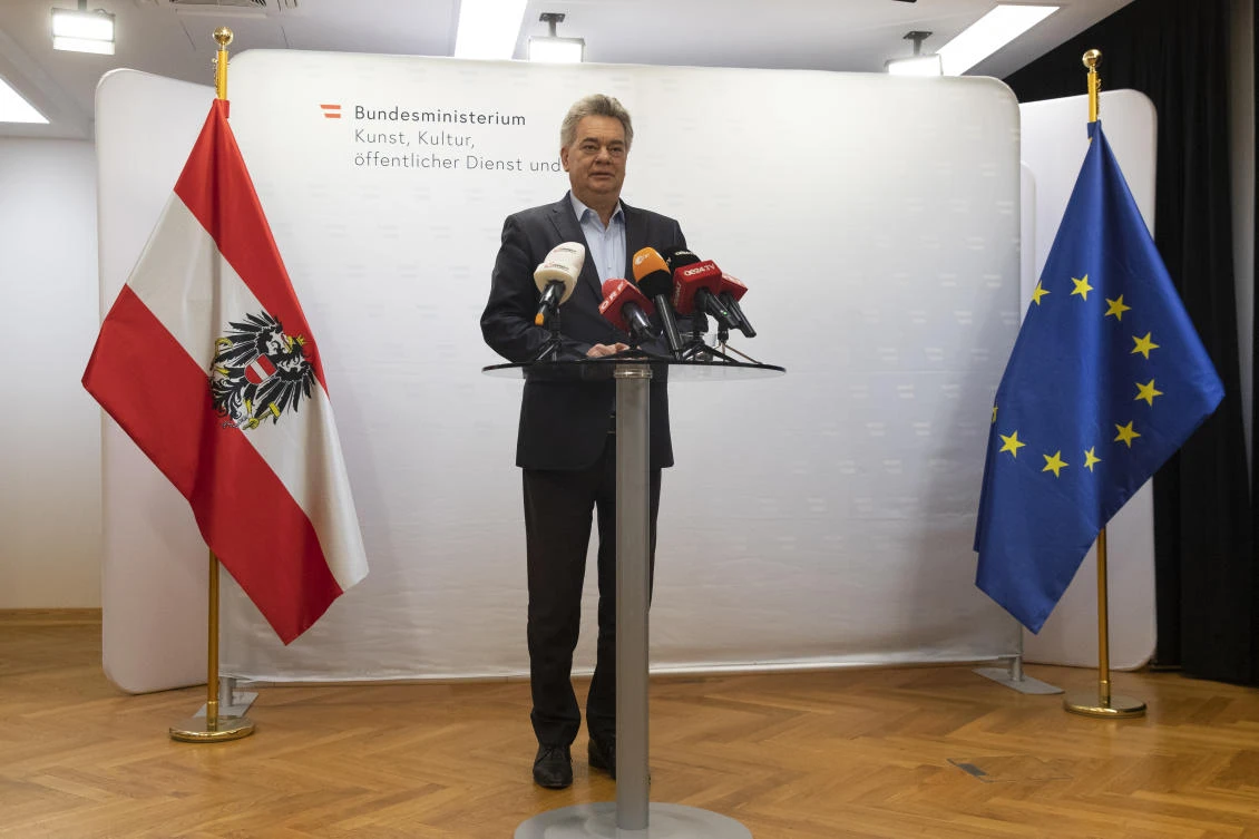 Werner Kogler, the head of the Green Party in Austria, makes a statement in Vienna on Saturday after Chancellor Sebastian Kurz said he was to step down amid corruption investigation. (AP)