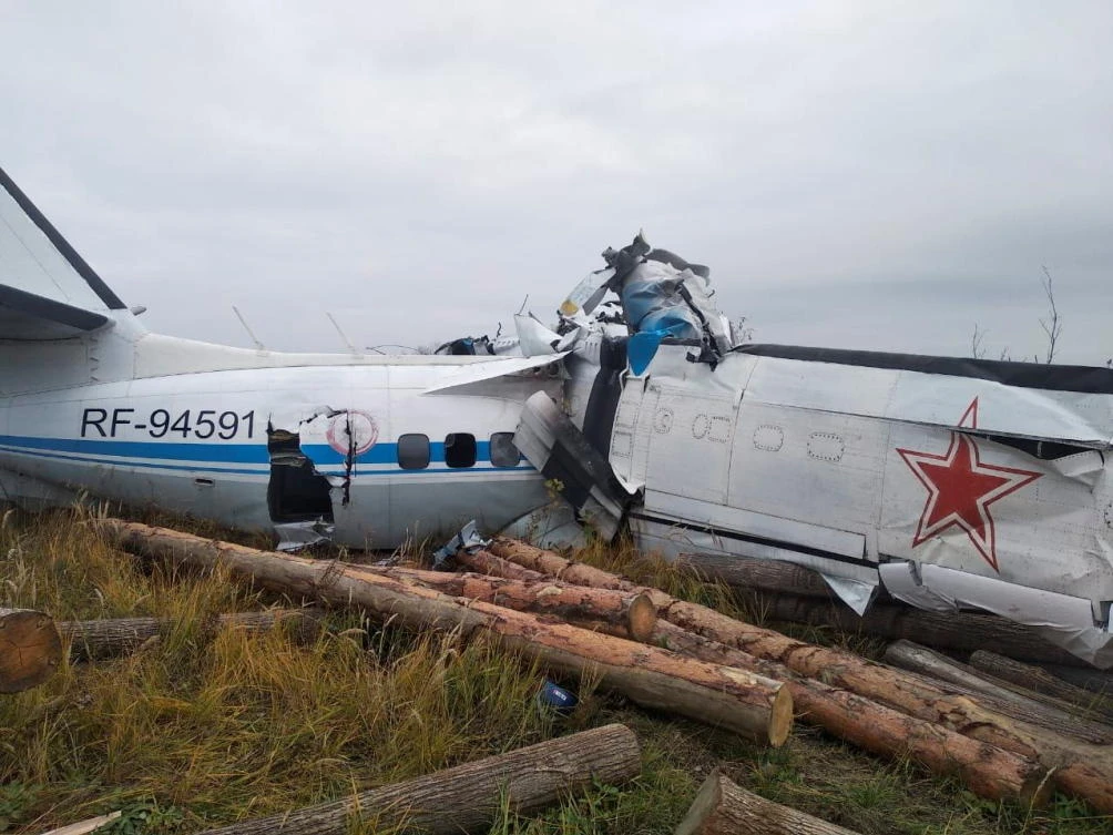 The wreckage of the L-410 plane is seen at the crash site near the town of Menzelinsk in Tatarstan, Russia on Oct. 10, 2021. (Handout via Reuters)