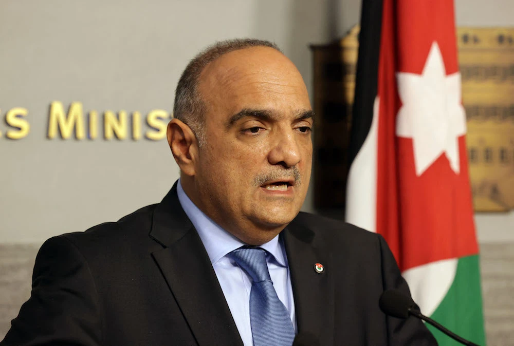 Jordanian Prime Minister Bisher al-Khasawneh talks during a press conference on Sept. 30, 2021. (AFP)