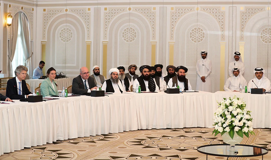 Taliban delegates meet with U.S. and European delegates in Doha, Qatar October 12, 2021. (REUTERS)