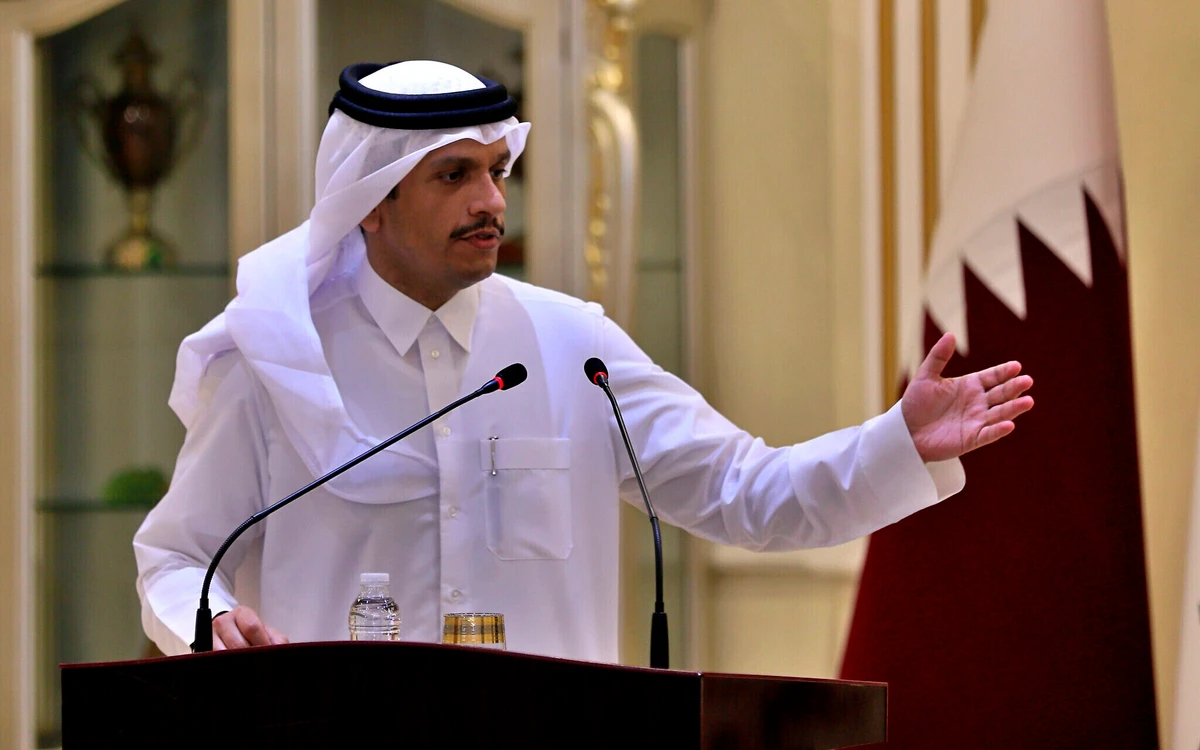 Qatari Foreign Minister Sheikh Mohammed bin Abdulrahman Al Thani speaks during a joint press conference with his Iraqi counterpart Mohamed Alhahkim in Baghdad, Iraq, on March 24, 2021. (AP Photo/File)