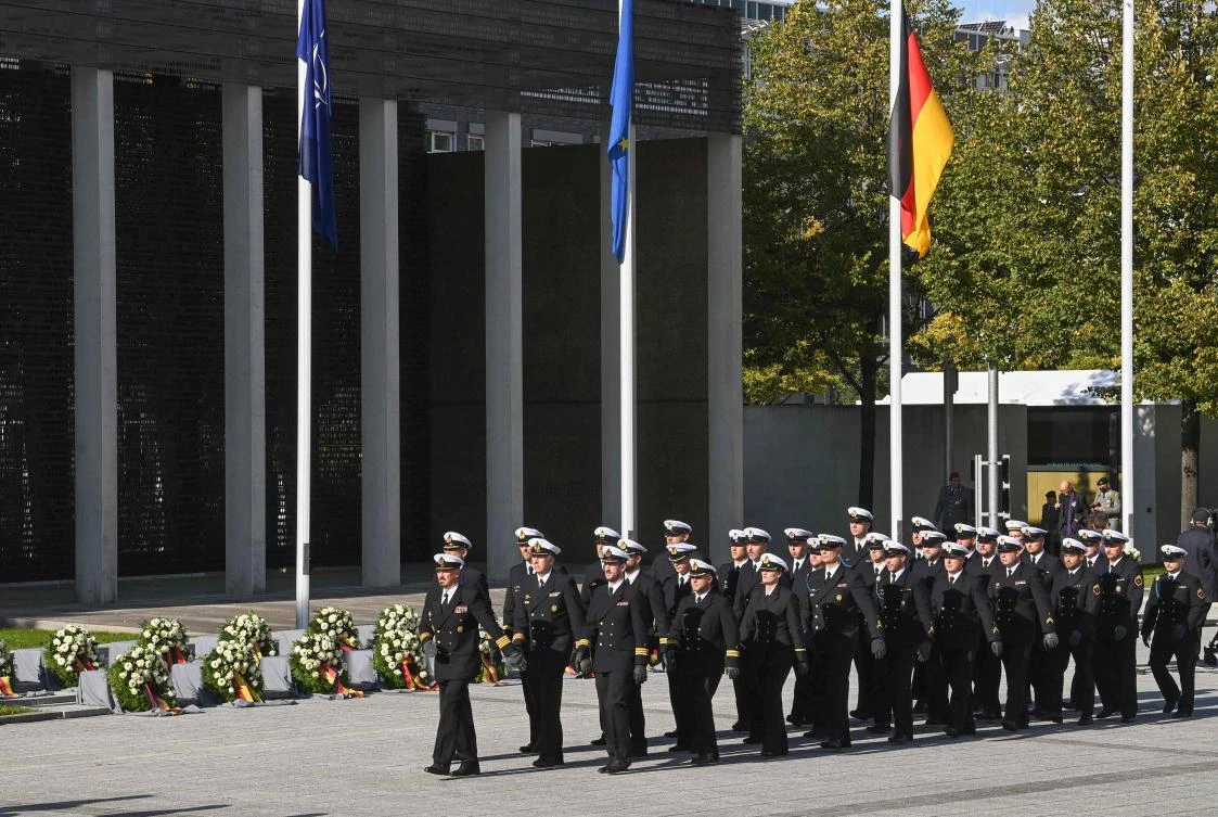 German soldiers parade during a final roll call ceremony in recognition of the Afghanistan mission of the German armed forces Bundeswehr that ended after almost 20 years, at the Defense Ministry in Berlin on Wednesday. (AFP)