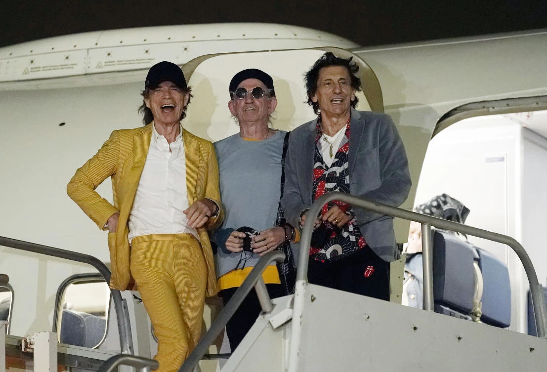 Mick Jagger, Keith Richards and Ron Wood of The Rolling Stones arrive at Hollywood Burbank Airport in Burbank, California on Monday ahead of their shows this week at SoFi Stadium in Inglewood for their “NO FILTER” tour. (AP)