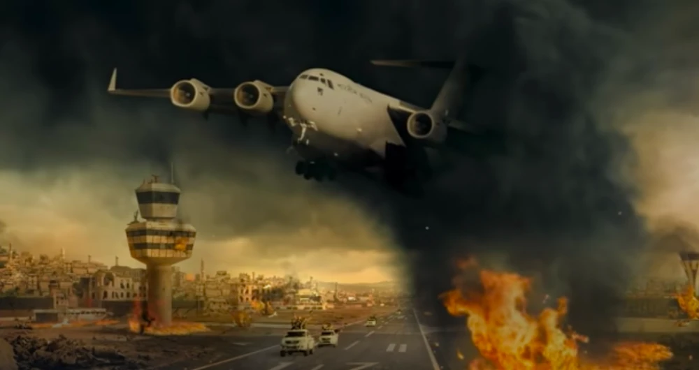 A screengrab from a teaser of “Garud,” a Bollywood production that will portray India’s evacuation mission from Kabul. (Vikrant Productions)
