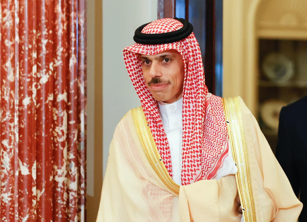 Saudi Foreign Minister Prince Faisal Bin Farhan arrives to speak to reporters at the State Department in Washington D.C. (AP)