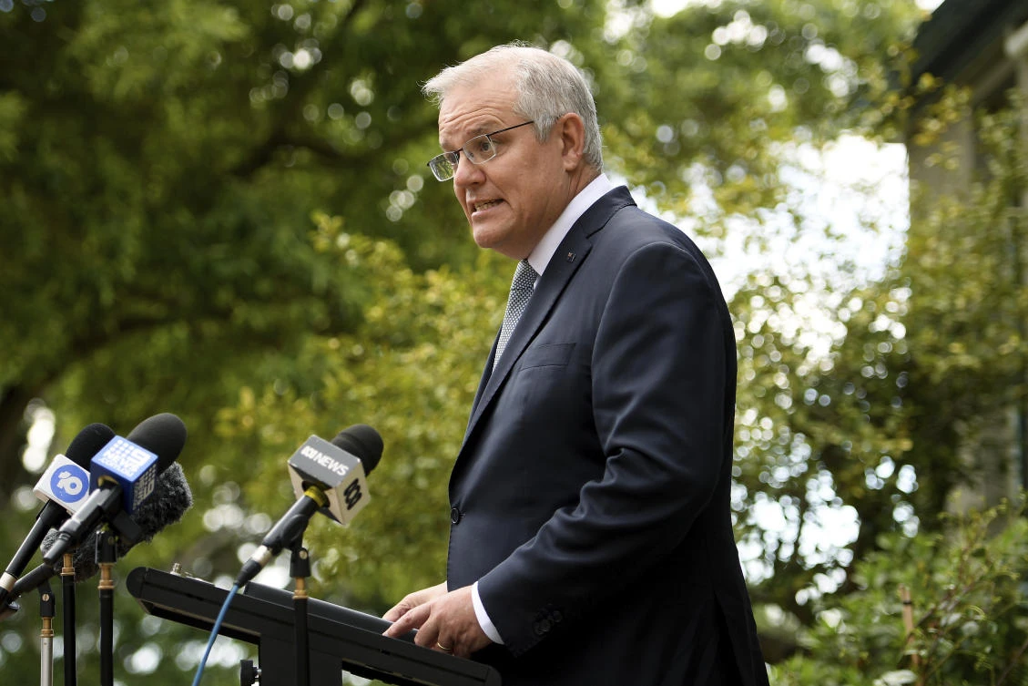 Australia’s Prime Minister Scott Morrison speaks during a press conference in Sydney, Friday, Oct. 15, 2021. (AP)
