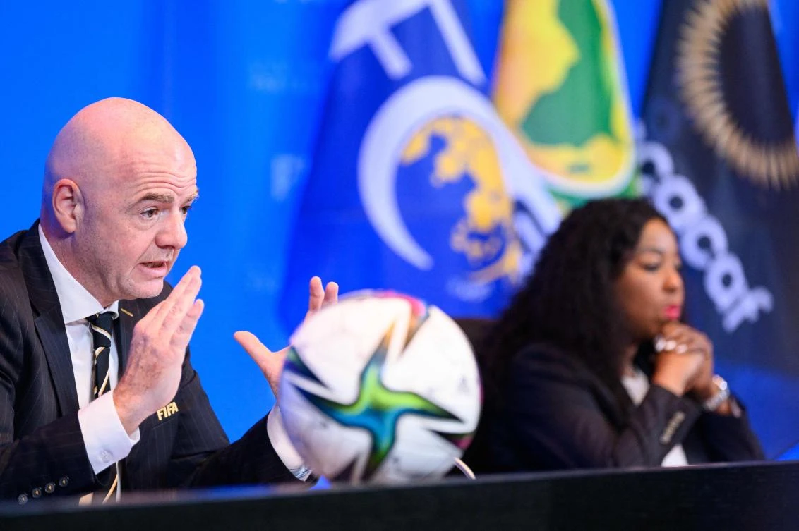 FIFA’s President Gianni Infantino speaking next to FIFA Secretary General Fatma Samoura during a Council meeting of the World’s football governing body at the Home of FIFA in Zurich. (AFP)