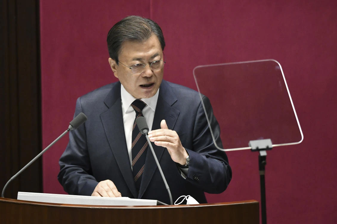 South Korea’s President Moon Jae-in delivers a speech at the National Assembly in Seoul Monday, Oct. 25, 2021. (AP)