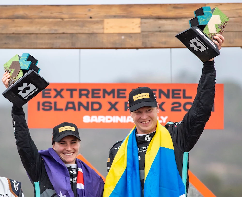 Molly Taylor and Johan Kristoffersson of Rosberg X Racing celebrate winning the Island X Prix In Sardinia. (Colin McMaster/LAT Images)