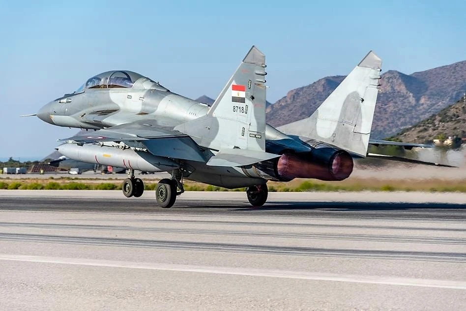 An Egyptian Air Force MIG-29M/M2 fighter jet takes off from Souda Bay Base in Crete. (Twitter Photo)