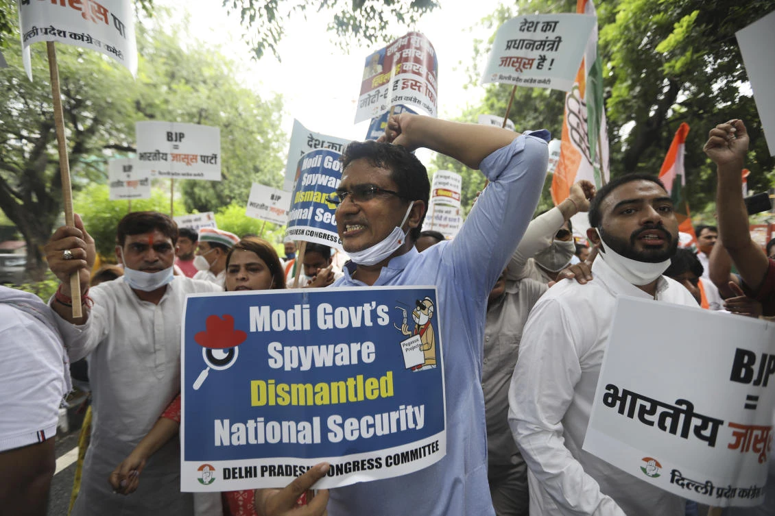 Above, protesters accuse Prime Minister Narendra Modi’s government of using military-grade spyware to monitor political opponents, journalists and activists. (AP)