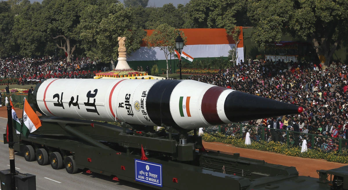 The long-range ballistic Agni-5 missile is displayed during Republic Day parade in New Delhi on Jan. 26, 2013. (AP)