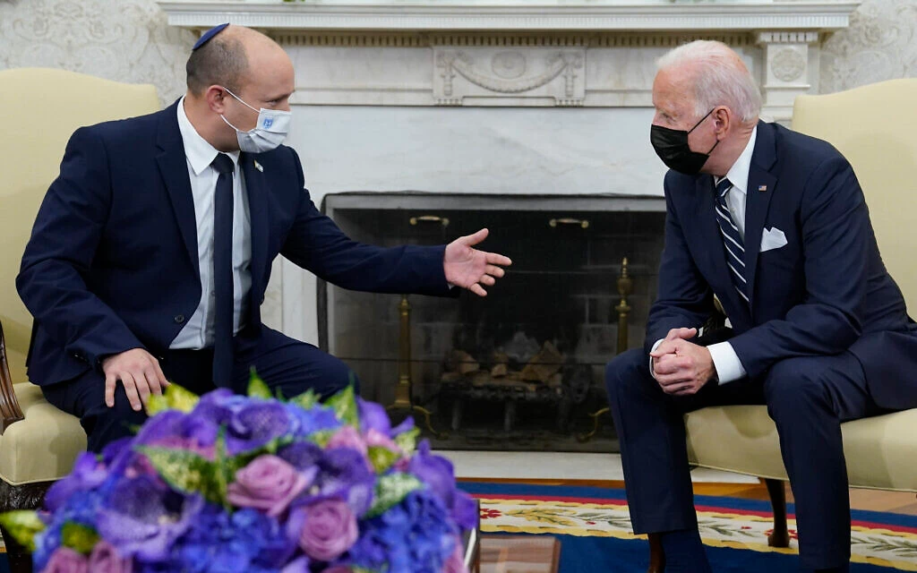 US President Joe Biden meets with Prime Minister Naftali Bennett at the White House in Washington, DC. on August 27, 2021. (AP file photo)