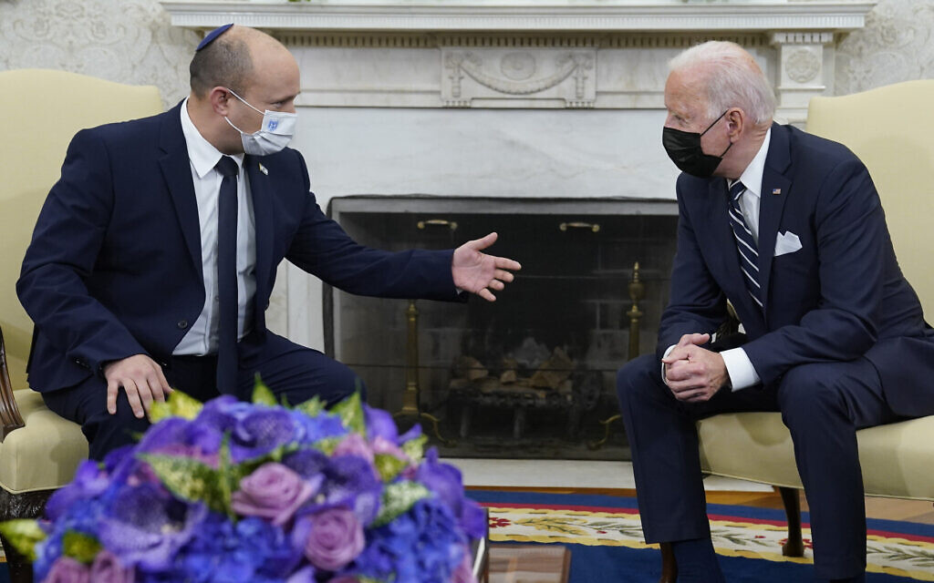 US President Joe Biden meets with Prime Minister Naftali Bennett at the White House in Washington, DC. on August 27, 2021. (AP file photo)