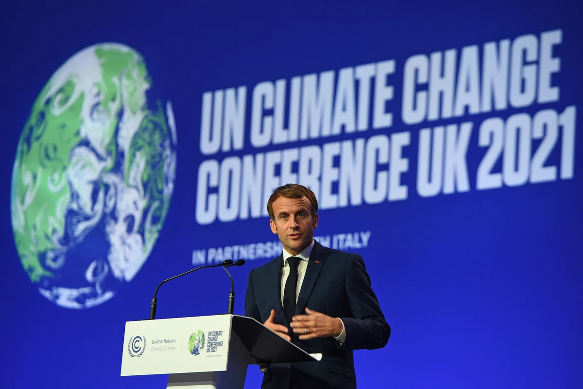 French President Emmanuel Macron speaks during the COP26 UN Climate Change Conference in Glasgow, Scotland on Nov. 1, 2021. (AFP)