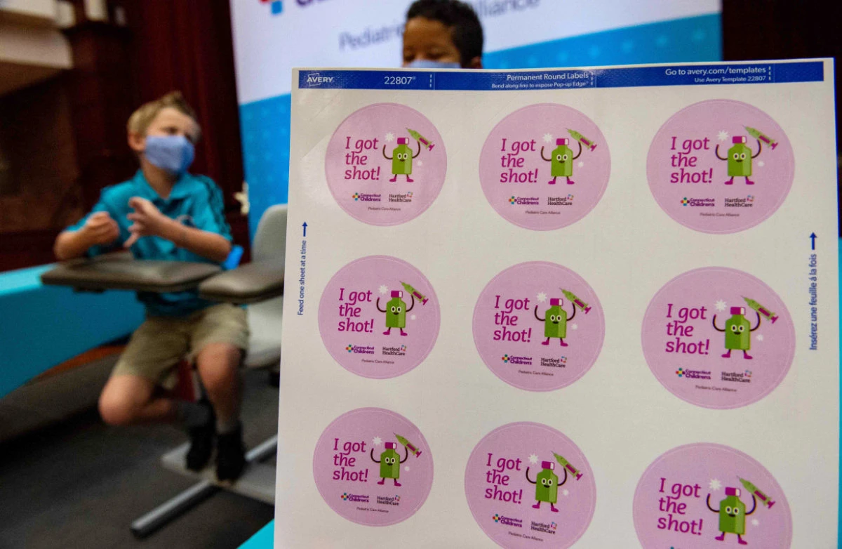 Stickers for children are seen ahead of full approval from the CDC for children to receive the Pfizer-BioNTech Covid-19 vaccine at Hartford Hospital in Hartford, Connecticut on November 2, 2021. (AFP)