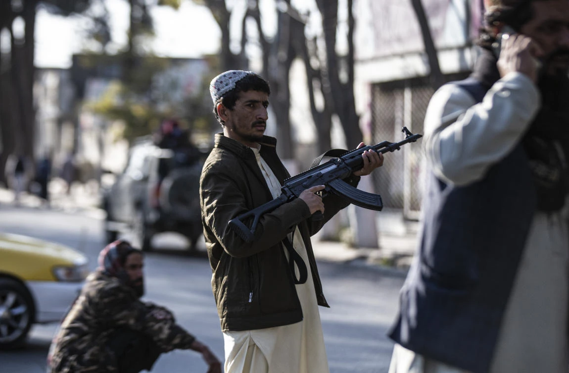 Taliban fighters block roads after an explosion Tuesday, Nov. 2, 2021. An explosion went off Tuesday at the entrance of a military hospital in Kabul, killing severa; people and wounding over a dozen, health officials said.(AP)
