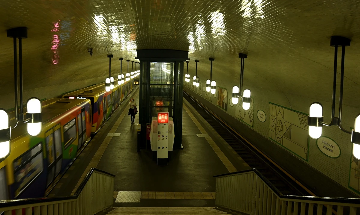 An underground train departs from the station Maerkisches Museum in the central Mitte district of the German capital Berlin on October 14, 2021. (File/AFP)