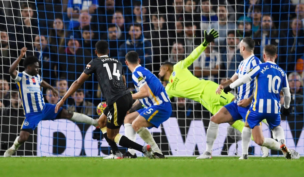 Newcastle United's Isaac Hayden scores their equalizer against Brighton & Hove Albion at the AMEX Stadium. (Reuters)