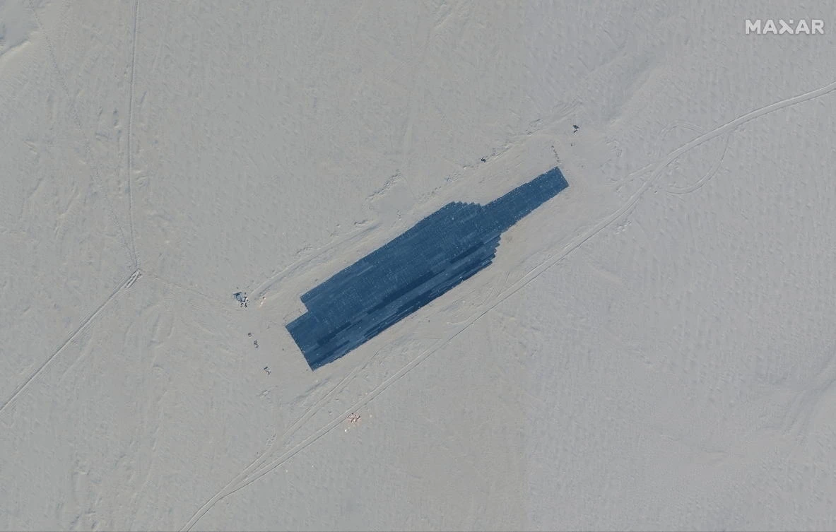 A satellite picture shows a carrier target at a new target range complex in the Taklamakan Desert. (Maxar Technologies via Reuters)