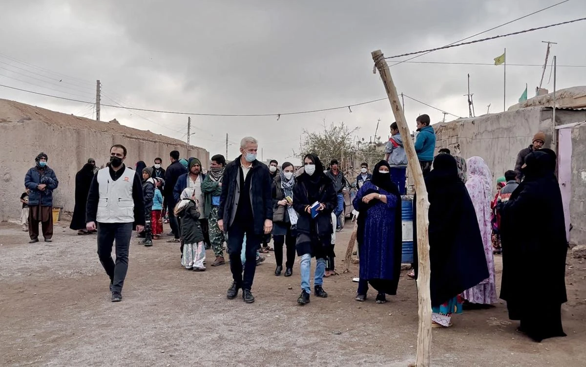 Norwegian Refugee Council’s secretary general Jan Egeland visits Afghan refugees in Bardsir settlement in Iran’s southern province of Kerman. (Norwegian Refugee Council via AFP)