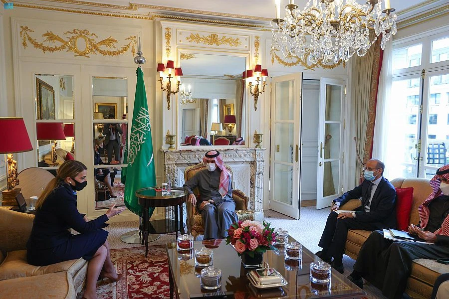 Saudi Foreign Minister Faisal bin Farhan bin Abdullah met Saturday with US Assistant Secretary of State for Middle Eastern Affairs Yael Lambert at the former's residence in Paris. (SPA)