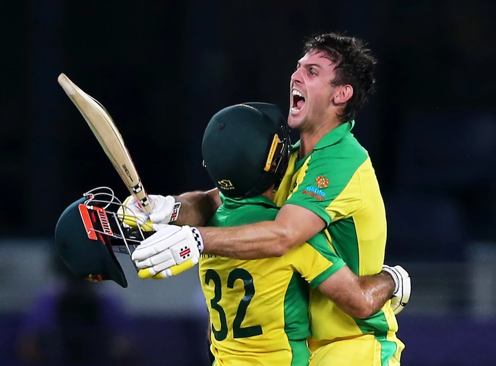 Australia's Mitchell Marsh and Glenn Maxwell celebrate winning the ICC Men's T20 World Cup. (Reuters)