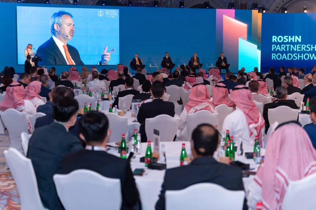 : ROSHN group CEO David Grover makes a presentation at the roadshow in Riyadh.