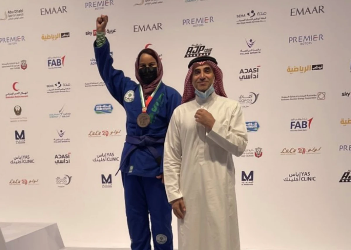Lina Qari celebrates winning a bronze medal for Saudi Arabia at the 13th Abu Dhabi World Professional Jiu-Jitsu Championship. (Arriyadiyah)