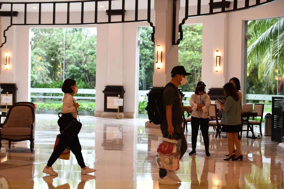 South Korean tourists walk through the lounge area of Vinpearl Resort in Phu Quoc island on Saturday. AFP