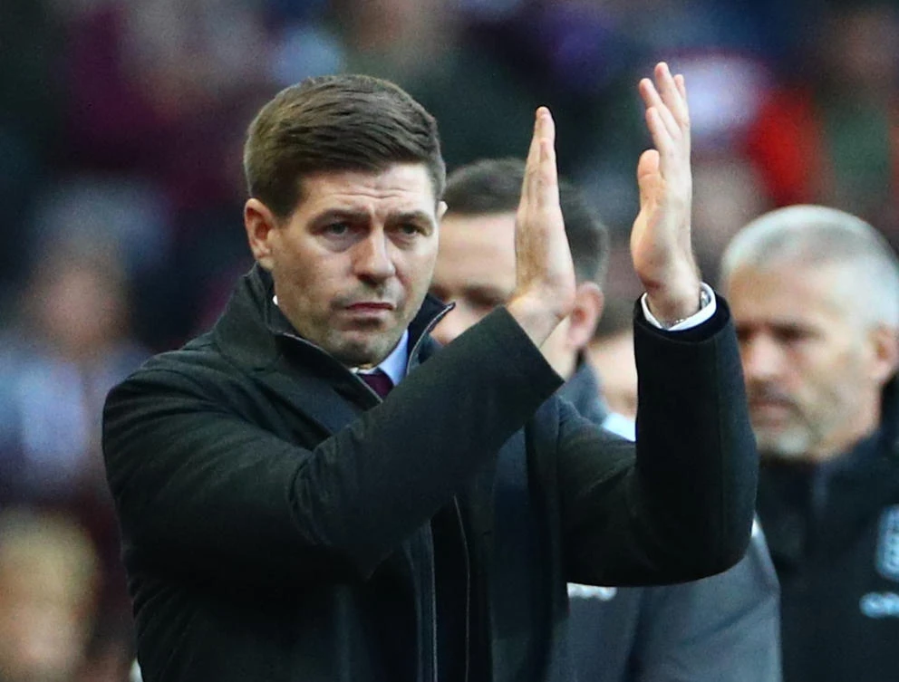 Aston Villa manager Steven Gerrard applauds the fans before their Premier League game against Brighton & Hove Albion at Villa Park, Birmingham on Saturday.(Reuters)