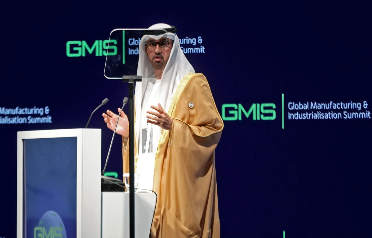 Sultan Al-Jaber, the UAE minister of industry and advanced technology, addresses the Global Manufacturing and Industrialization Summit in Dubai on Monday. AFP