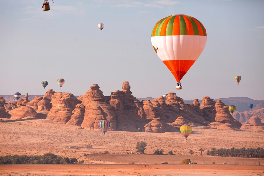 Hot Air Balloon Festival over Madain Saleh (Hegra) ancient site, AlUla in Saudi Arabia. File/Shutterstock