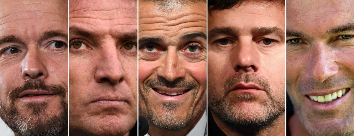A combination of file pictures created in London on Sunday shows coach Erik Ten Hag, Brendan Rodgers, Luis Enrique, Mauricio Pochettino and Zinedine Zidane, 5 of the leading candidates to be Ole Gunnar Solskjaer’s successor. (AFP)