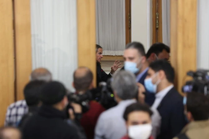 UN atomic watchdog chief Rafael Grossi, background, during a meeting with Iran’s foreign minister Hossein Amir-Abdollahian in Tehran. (WANA via Reuters)