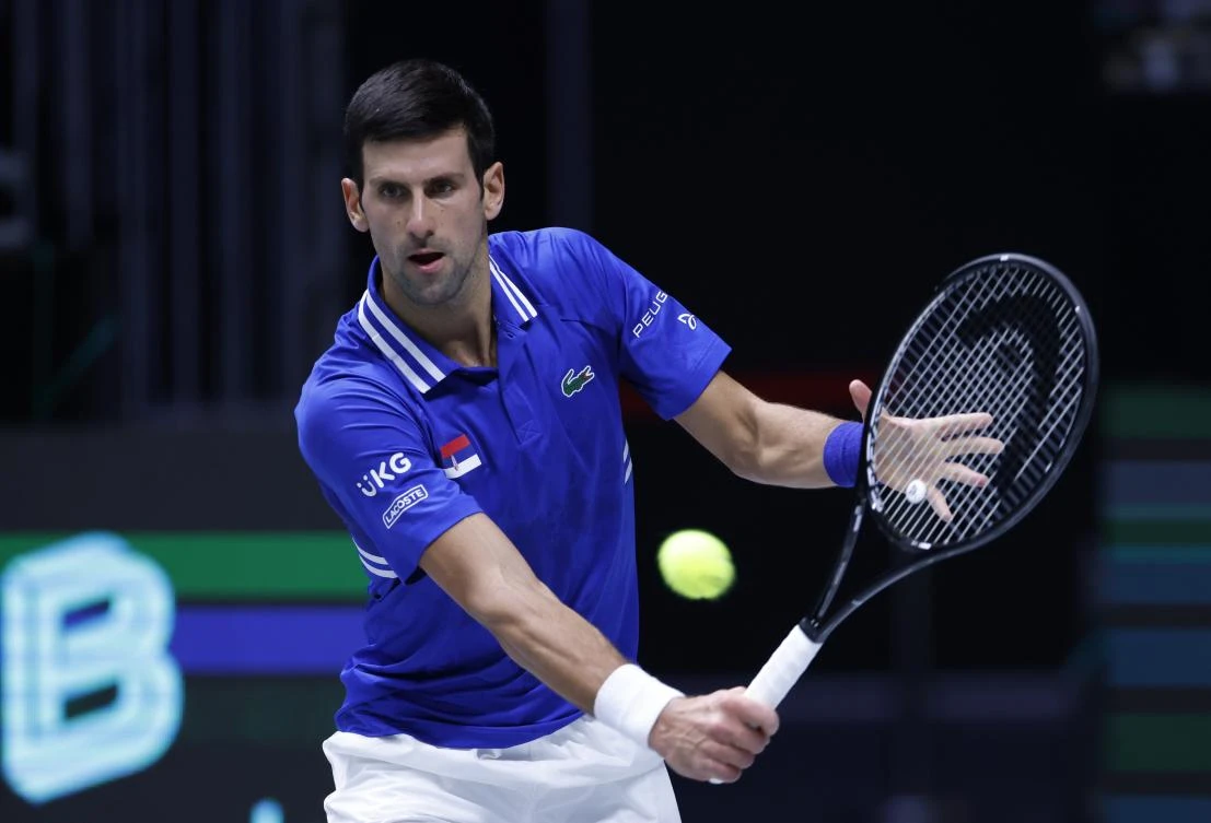 Serbia’s Novak Djokovic in action during his match against Austria’s Dennis Novak during Davis Cup Finals at Olympiahalle, Innsbruck, Austria on Friday. (Reuters)