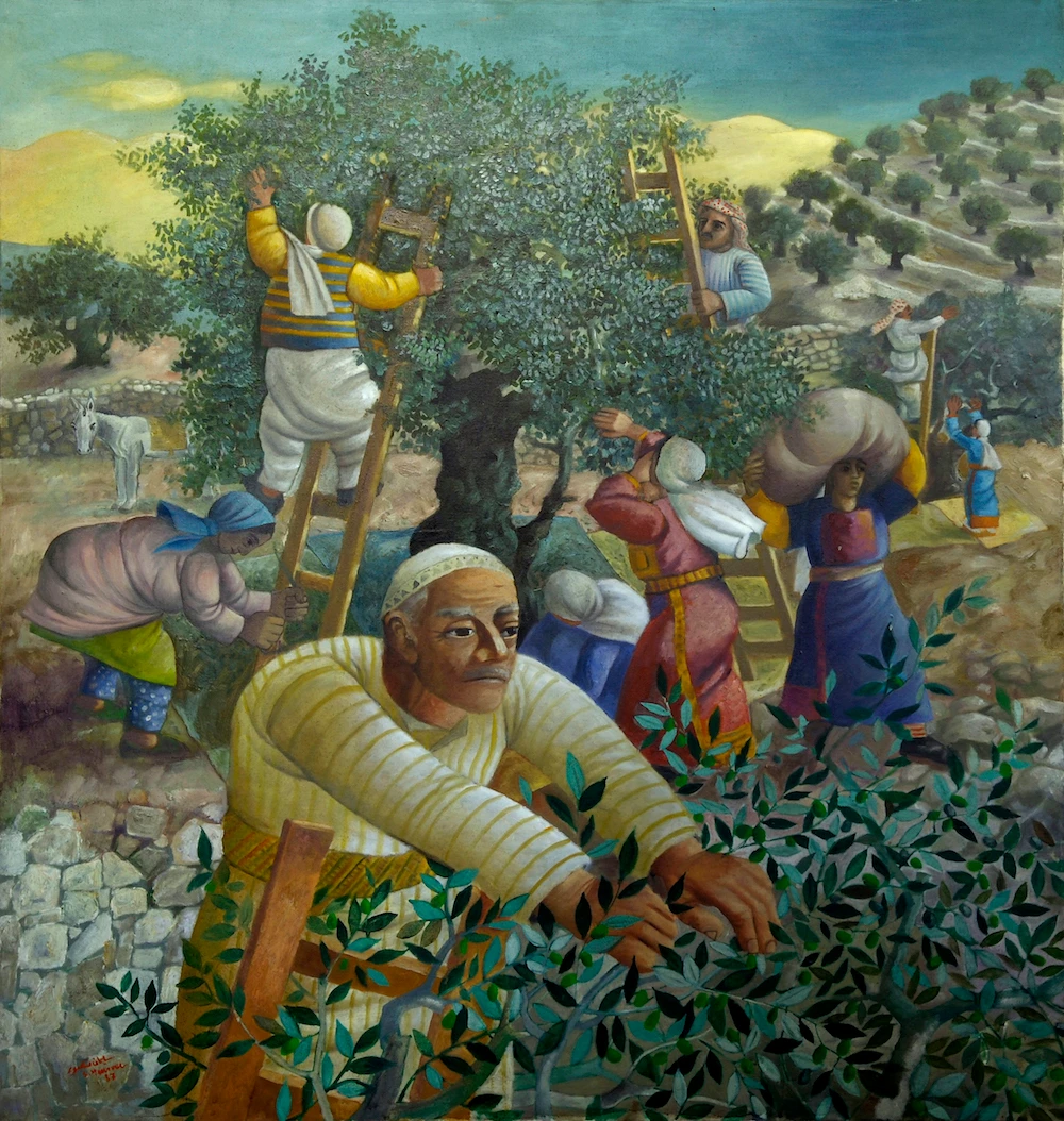 Olive trees have for centuries provided a steady source of income from the sale of their fruit and the silky, golden oil derived from it - and encapsulate the Palestinian identity wholly. (Supplied/Sliman Mansour)