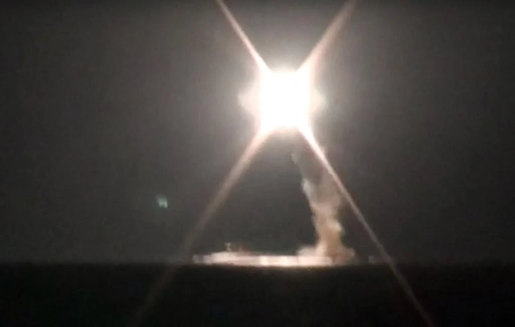 Above, the new Zircon hypersonic cruise missile is launched from the Severodvinsk nuclear submarine in Barents Sea on Oct. 4, 2021. (Russian Defense Ministry via AFP)
