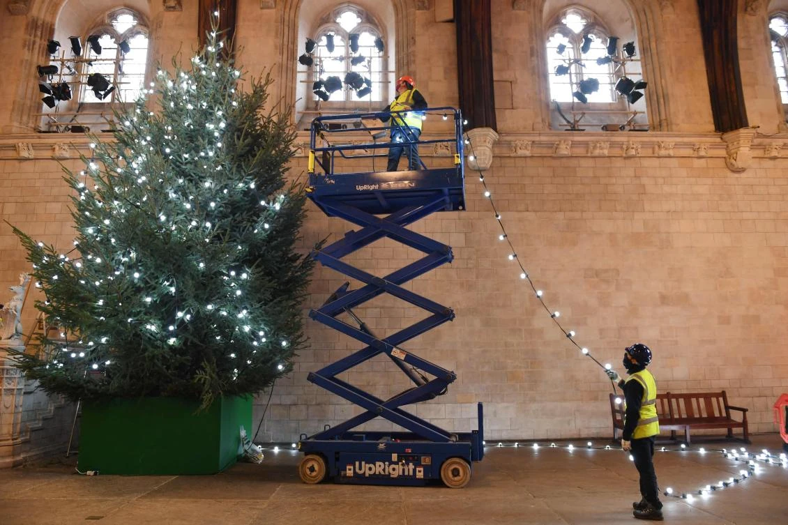 A photograph released by the UK Parliament’s Christmas tree being erected at Westminster Hall in London. Adults in Britain will be able to get 3rd Covid jab, a government body said, as concerns mount about the Omicron variant’s spread. (AFP)