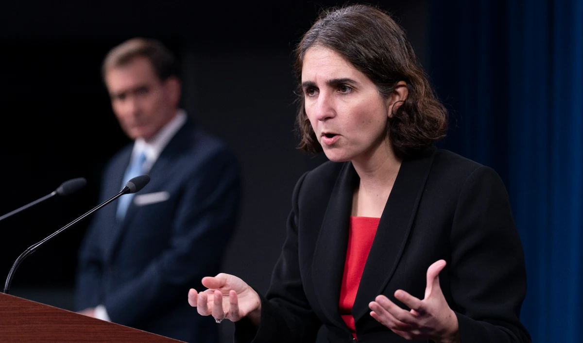 Pentagon spokesman John Kirby, left, listens to Deputy Under Secretary of Defense for Policy Mara Karlin speak during a briefing at the Pentagon in Washington, Monday, Nov. 29, 2021. (AP)