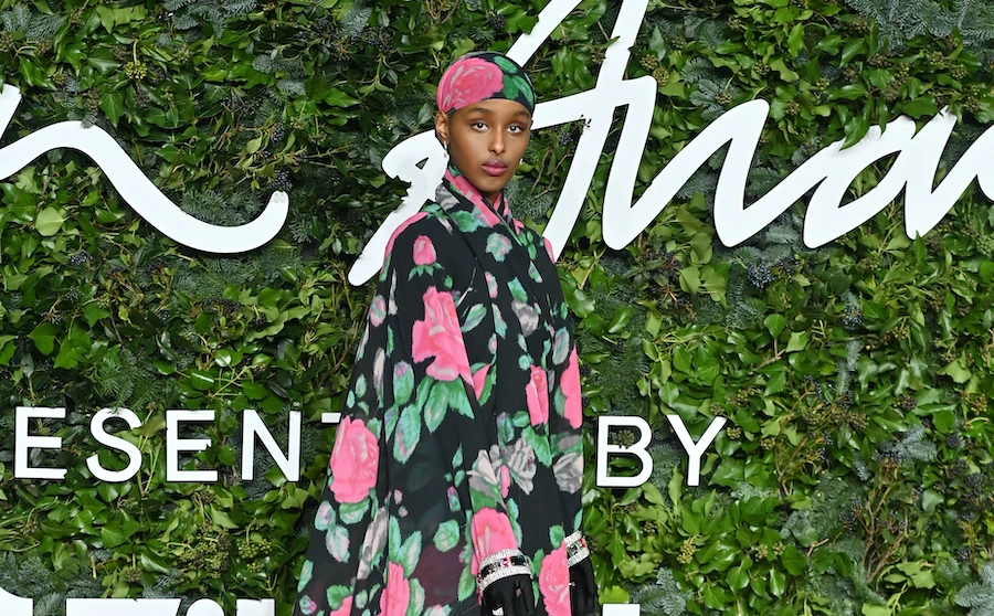 Actress Kosar Ali wearing Richard Quinn at the 2021 British Fashion Awards. Getty images