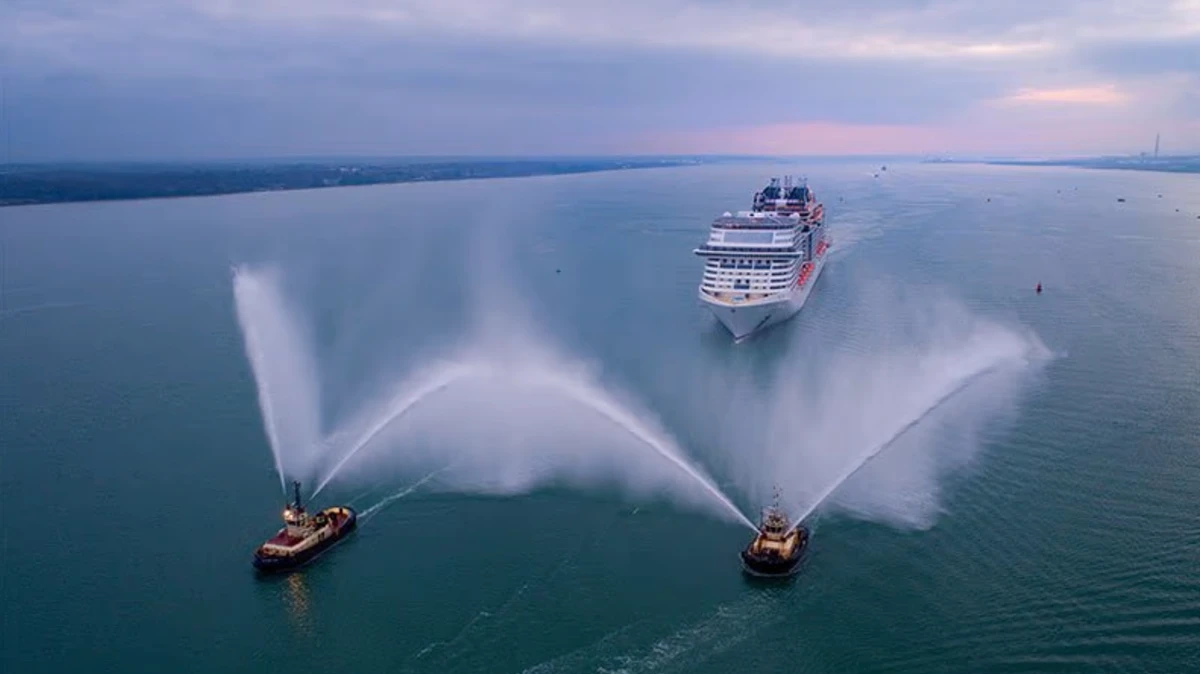 The MSC Bellissima is welcomed on its arrival in the Red Sea coasts of Saudi Arabia in 2021. (Photo by MSC Cruises)