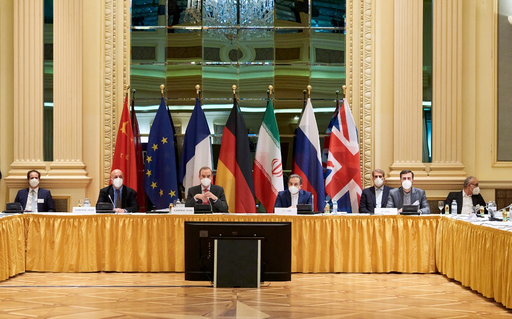Diplomats of the EU, China, Russia and Iran at the start of talks at the Grand Hotel in Vienna. (File/AFP)