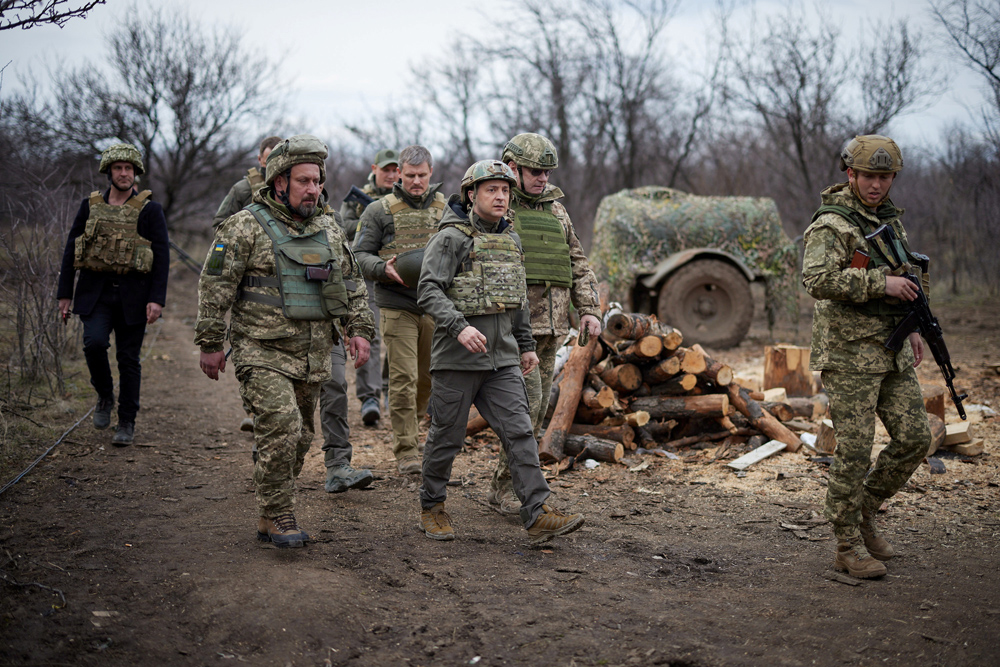 Ukraine’s President Volodymyr Zelenskiy visits positions near the frontline with Russian-backed separatists, Donbass, Ukraine, April 8, 2021. (Reuters)